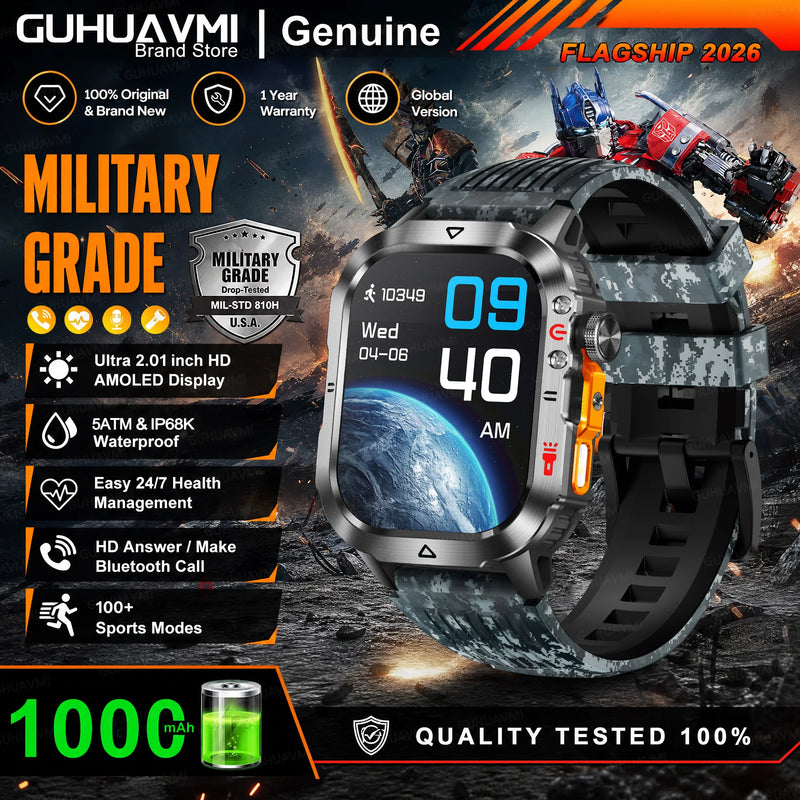 New Bumblebee Military Smart Watch 1000mAh Bluetooth Call LED Flashlight BP Monitor 100+Sports 5ATM Waterproof For iOS Android