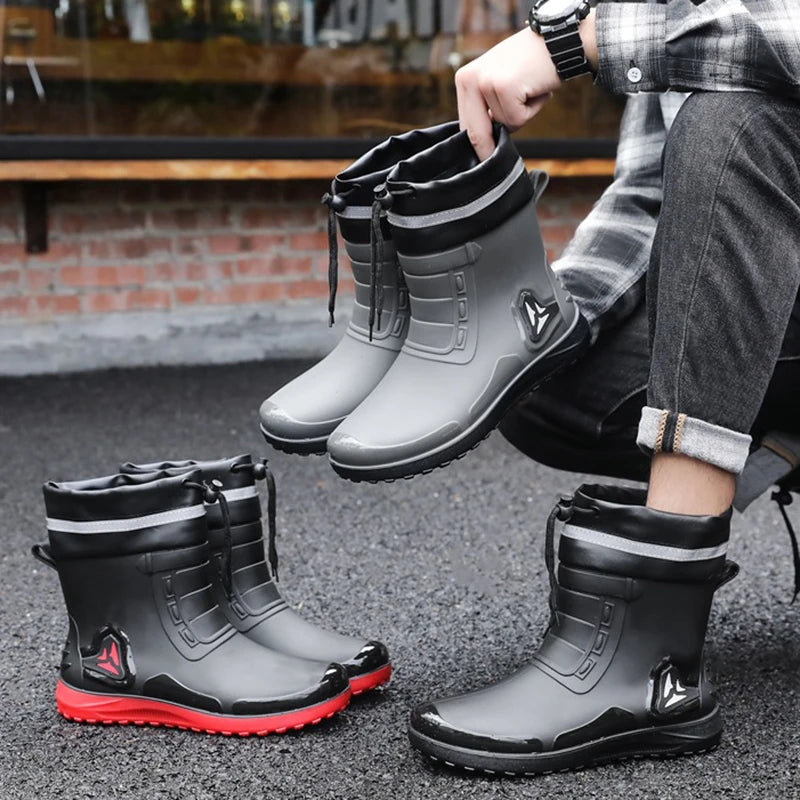 Fashion Outdoor Men's Rain Boots Short Tube Hiking Fishing Water Shoes Anti-slip Chef Work Ankle Boots Waterproof Non-slip Shoes