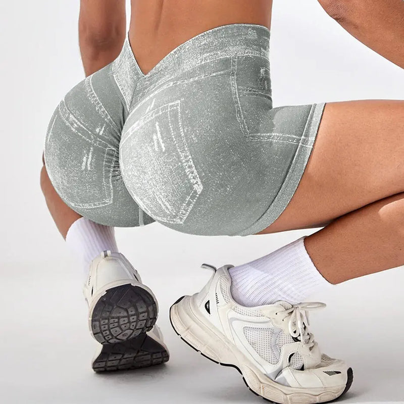 Women Seamless V Back Shorts Faux Jeans Elastic Yoga Pants Butt Lifting Leggins Fitness Athletic Workout Sports Short Tights