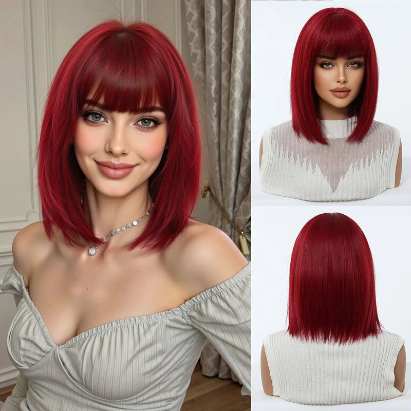 EASIHAIR Short Straight Bob Hair Synthetic Wigs for Women Brown Straight Natural Wigs with Eight Character Bangs Daily Cosplay