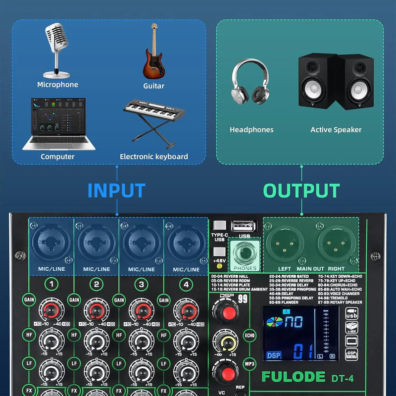 4 Channel Audio Mixer 48V Phantom Power USB Studio Sound Mixers Bluetooth DJ Console Mixing for Karaok