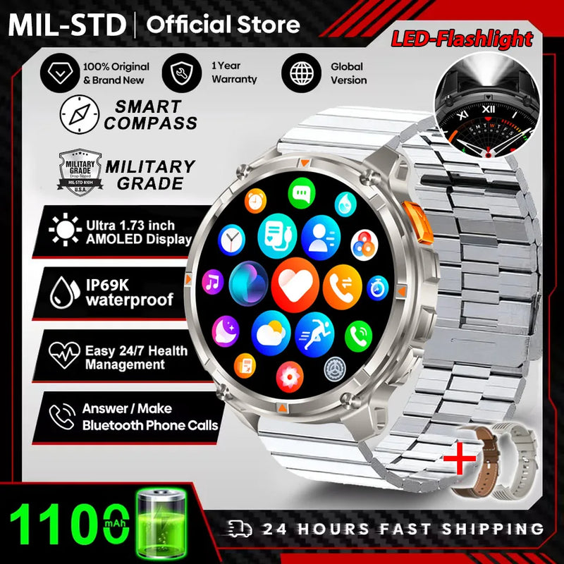 2026 New 1100mah AMOLED Smart Watch Men 170+Sport Fitness LED Flashlight IP69 Waterproof Bluetooth call GPS track Smartwatch iOS