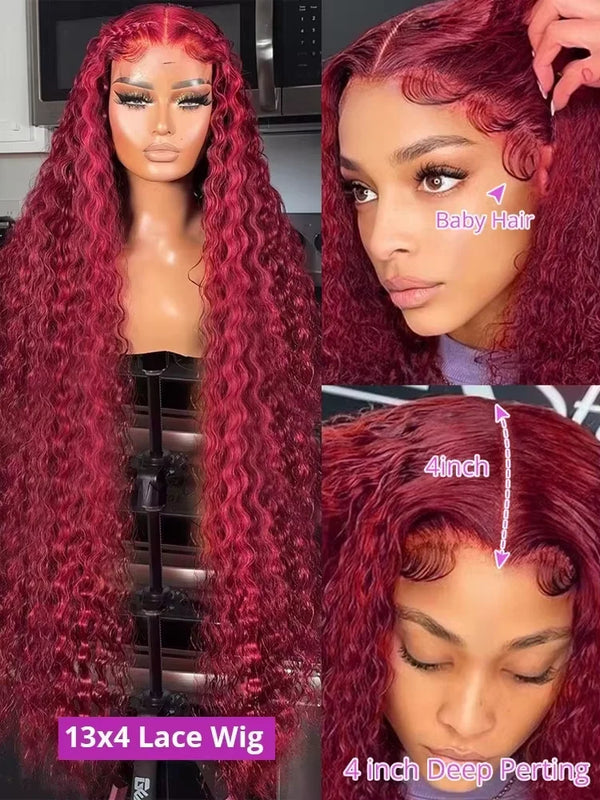99J Burgundy 38 inch Peruvian Deep Wave 13x6 HD Lace Front Human Hair Wigs Women 13x4 Lace Frontal Wig 5x5 Glueless Closure Wig