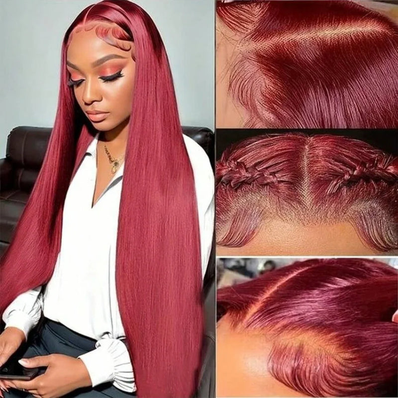 99J Burgundy Pre Colored Straight Lace Frontal Wigs For Women Pre Plucked Invisible Pre Cut Lace Brazilian Hair 13X6 Hd Transparent Lace Front Human Hair Wigs