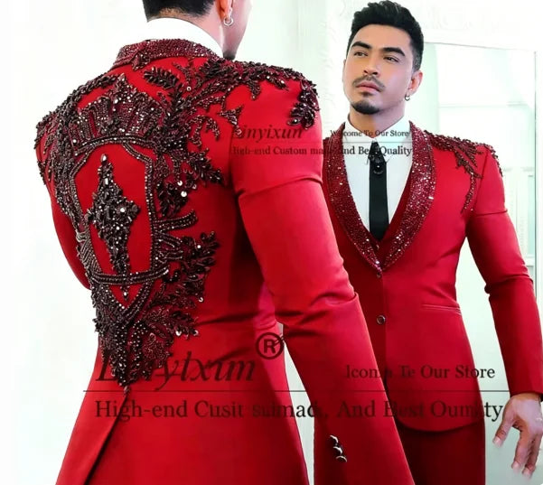 Sparkly Diamond Beaded Men Suit 3 Pieces Set Male Business Blazers Customized Groom Wedding Tuxedos Slim Gem trajes para hombre