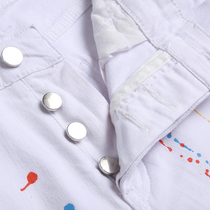Men Painted Stretch Denim Jeans Zippers Buttons Fly Biker | SAMAG