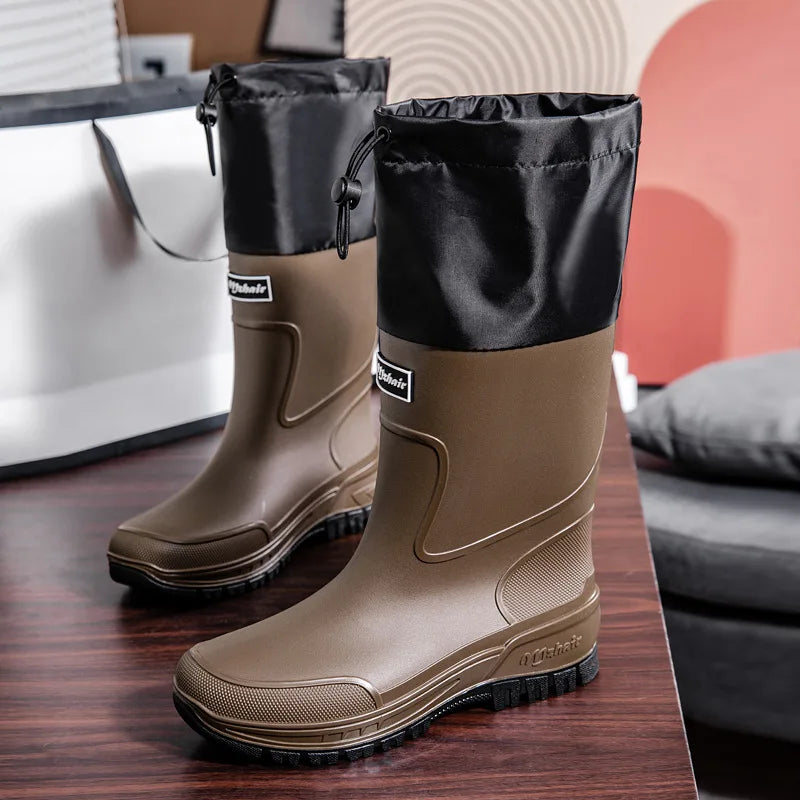 Men's Waterproof Fishing Delivery Rider Rain Boots with Durable Thick Soles, Anti-Slip Rubber Shoes