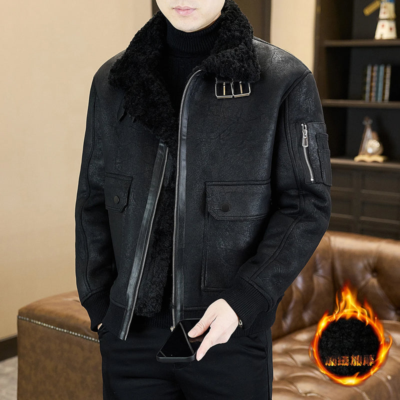 2025 Winter Fur Integrated Leather Jacket Men Thick Velvet Imitation Fur Leather Coat Loose Motorcycle Coat Casual Streetwear