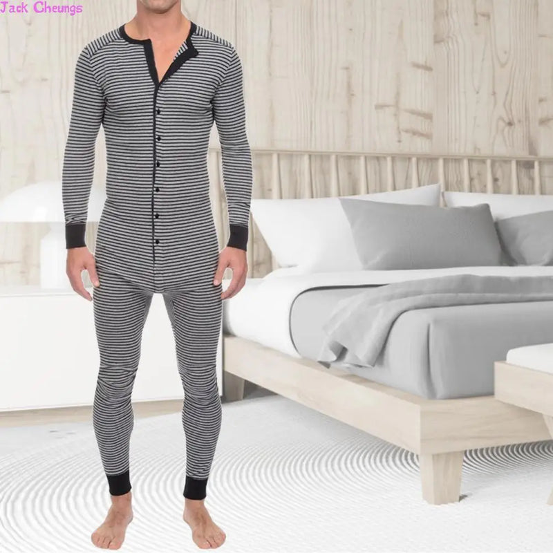 Men Skinny Striped Jumpsuit 2021 Long Sleeve O Neck Buttons Romper Sleepwear Overall Homewear Pajamas Sets Underwear