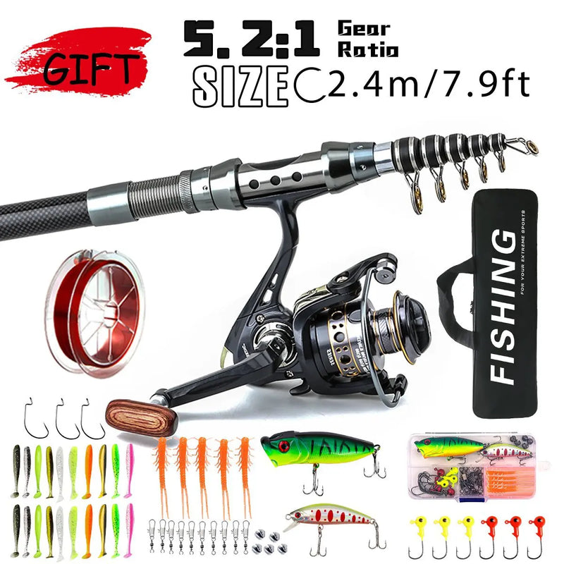 Carbon Fiber Telescopic Fishing Rod Reel Combo Full Kit With Simulated Lures Portable Travel Sea Fishing Set For Freshwater Salt