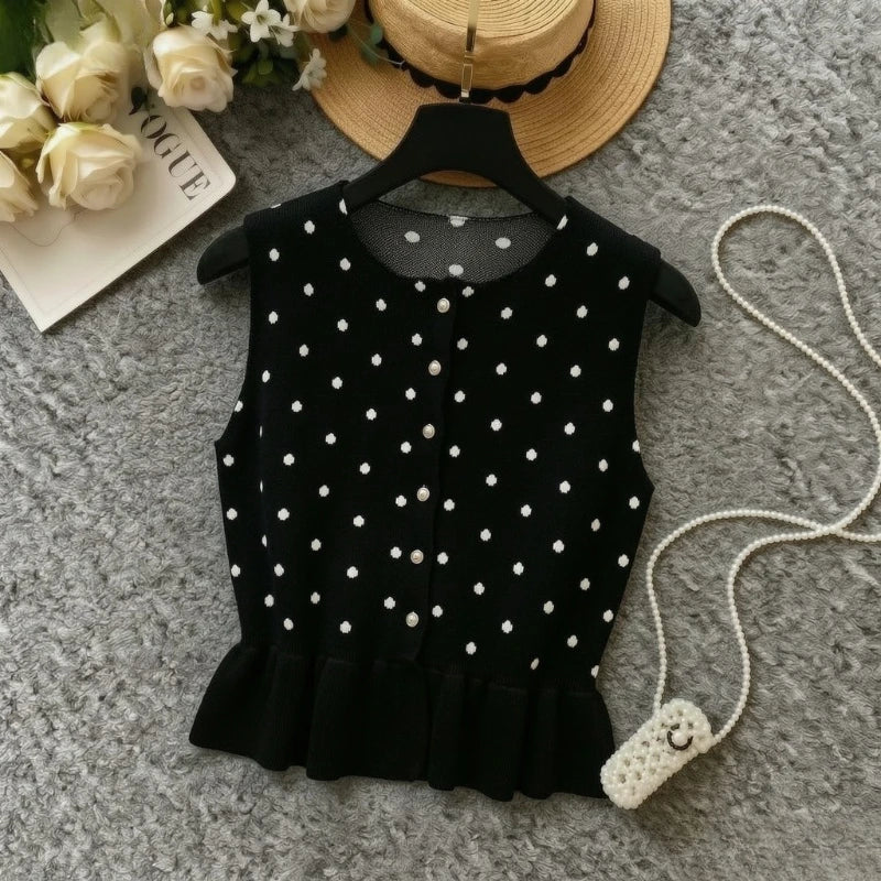 Winter Women White Black Polka Dot Sleeveless Knit - View 6 | SAMAG