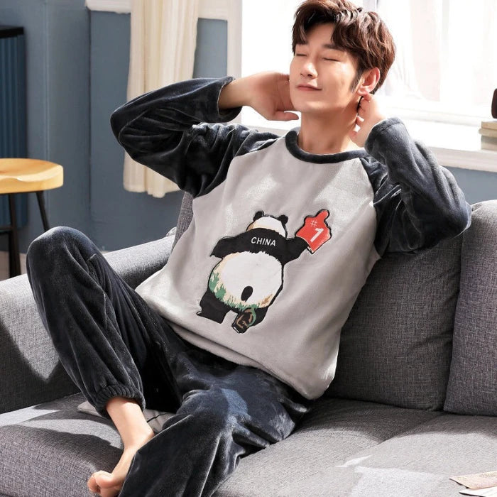 Cartoon Cute Dog Letter Print Men's Pajamas Set Cotton Soft Autumn Winter New Men's Sleepwear Long Sleeve & Pants Korean Pajamas
