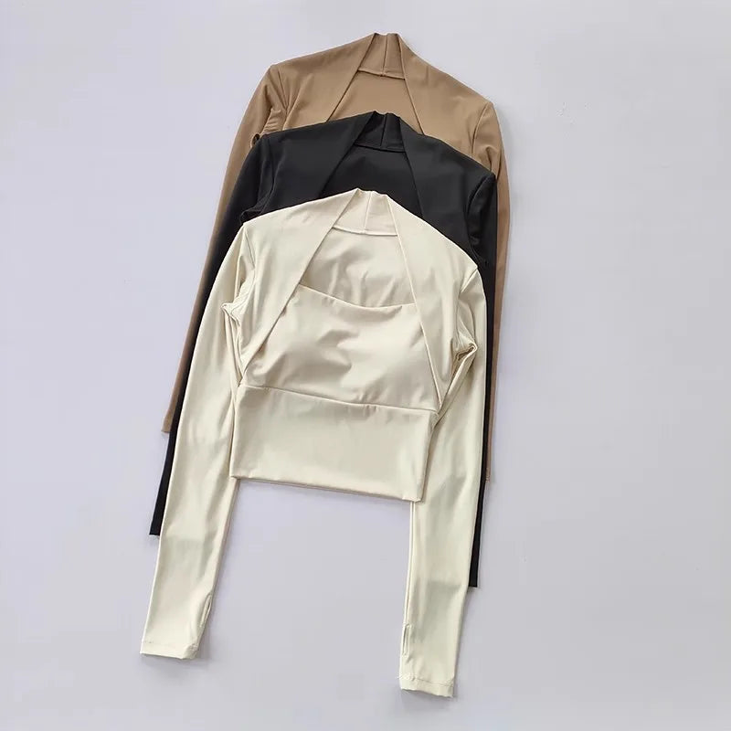 Women's Elegant Long Sleeve Yoga Shawl Sports Top with Chest Cushion Short Elegant Yoga Top Small Camback Pura Speed Dry Autumn