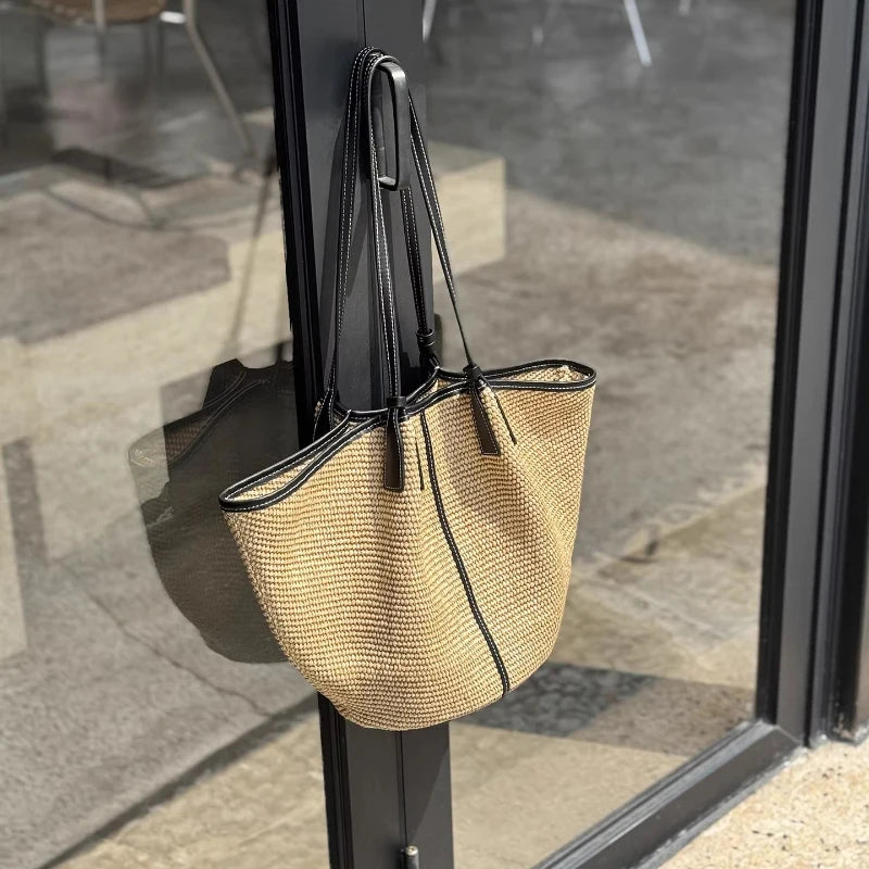 Trendy Handwoven Straw Bucket Bag Color Block Knotted Design Summer Beach Shoulder Tote Vegan Rattan Hobo Purse Vacation Handbag