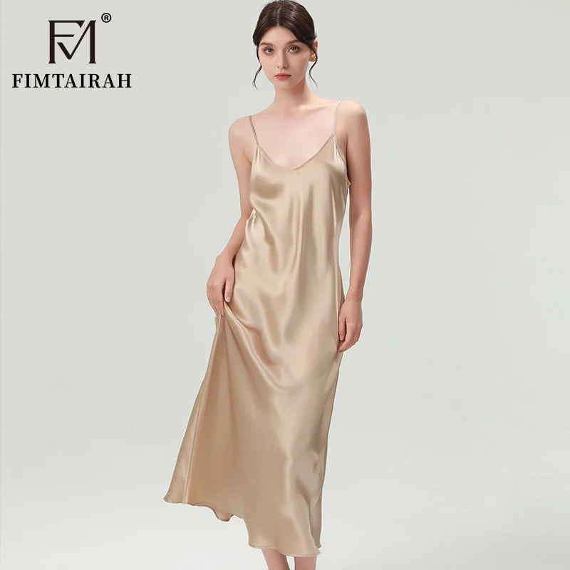 FIMTAIRAH Brand 6A 19mm New 100% Silk Nightgown Women Sexy Elegant Summer Silk NightDRESS long home wear Pajamas