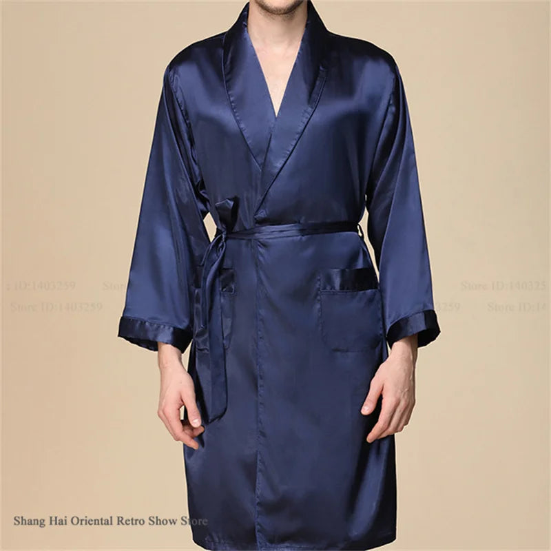 Men's Ice Silk Sleepwear Kimono Bathrobe Gown Long Robe Pajamas Two Piece Set Print Tiger Loose Casual Homewear Lounge Wear
