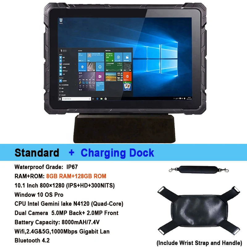 10.1" Industrial Rugged Tablet 1920*1200 600nit 8GB RAM 128GB IP67 Windows 11 Pro Tablet PC Intel N4120 HDMI WiFi RS232