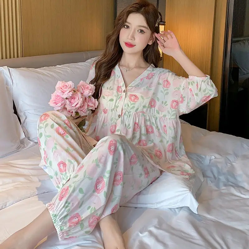 Cotton Sleepwear Big Size Cardigan Seven-minute Pants Two-piece Print Loungewear Pajama Sets Summer Nightwear Korean Fashion