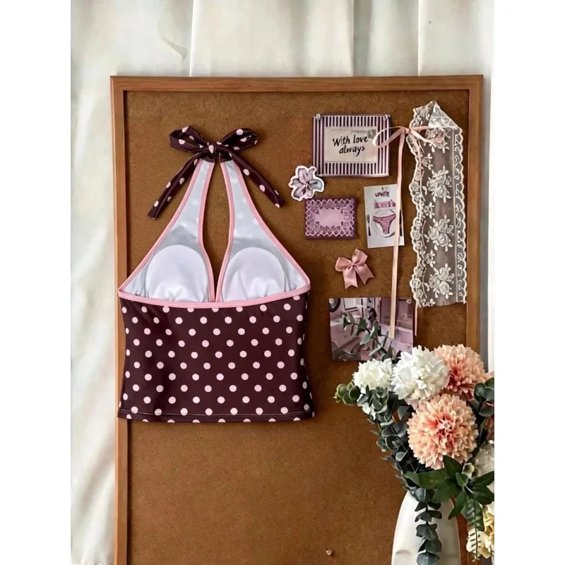 Retro Polka Dot Bikini Set Halter Neck Tie Tankini | SAMAG