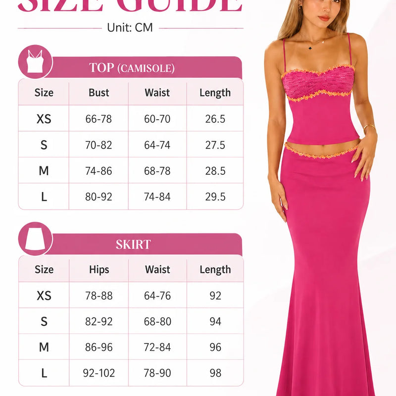 Women 2 Piece Outfit Spaghetti Strap Ruched Cami Top Floral Trim High Waist Mermaid Maxi Skirt Set Summer Beach Vacation Matching Outfits
