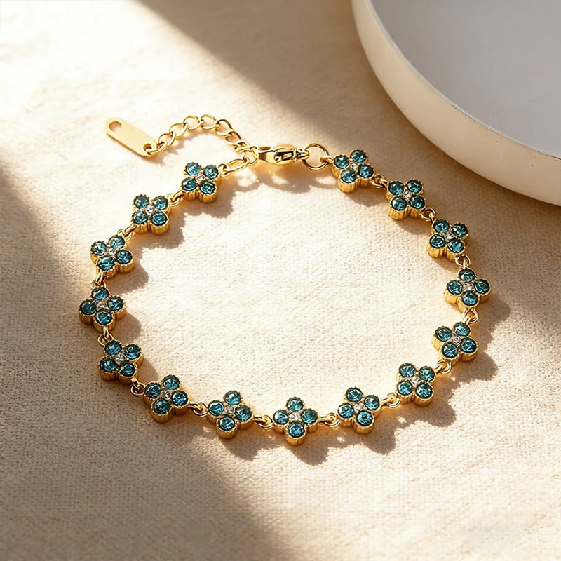 Stainless Steel Colorful Cubic Zirconia Flower Cover Bracelet Adjustable Four - Leaf Clover CZ Stone - Visuel 9 | SAMAG