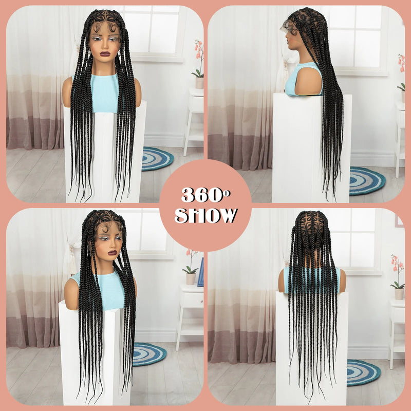 36in Full Lace Cornrow Braided Wigs Synthetic Natural Braiding Hair Wigs Box Braided Lace Wigs with Baby Hair for Black Women