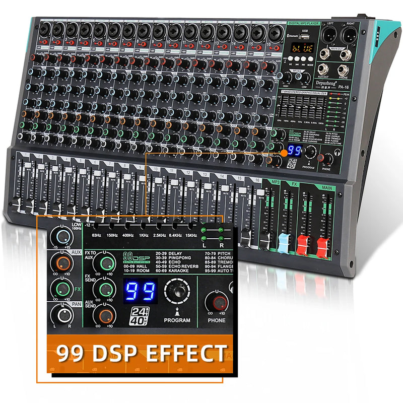 Professional Audio Console Mixer With MP3 Computer Input Built-in 99 Reverb Effect 16 Channel Audio Mixer