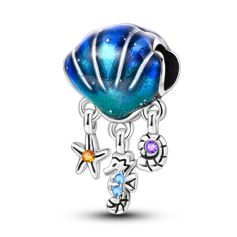 925 Sterling Silver Ocean Theme Charm Beads For Women Blue Wave Dolphin Seashell Compatible Summer Beach Vacation Jewelry