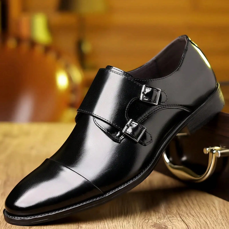 QRLQRL Luxury Leather Double Buckle Monk Strap Formal Shoes for Men Classic Cap Toe Business Office Wedding Dress Shoes