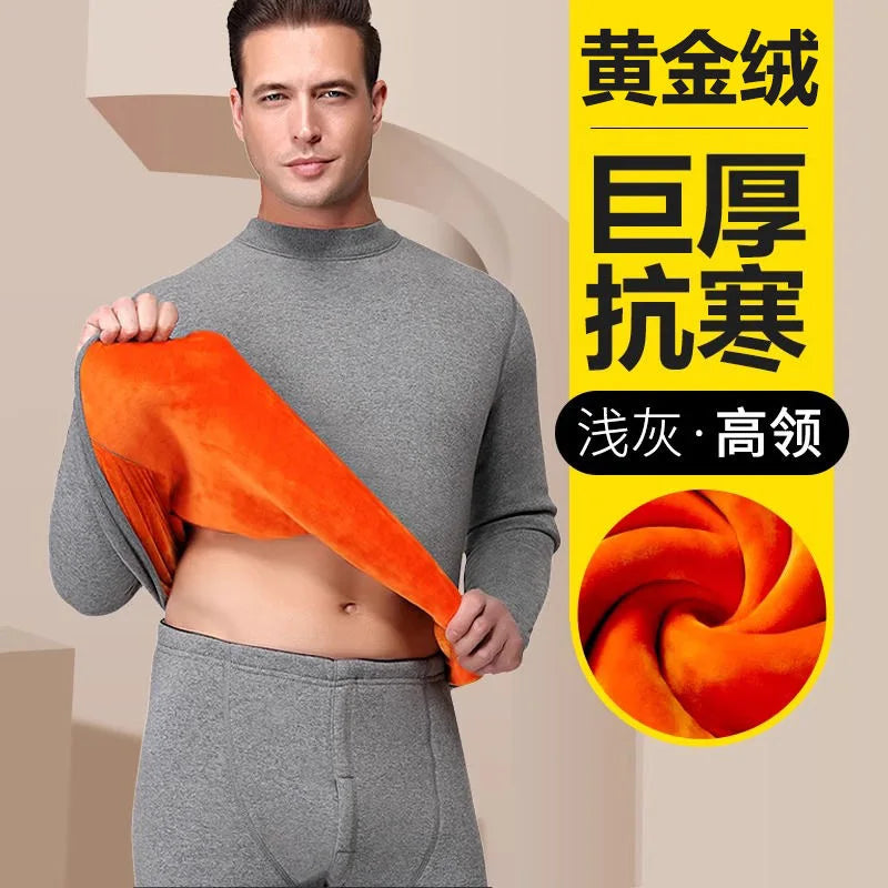 Thickened Fleece Warm Underwear Set Men's Pure Cotton Half High Collar Cotton Sweater Middle Aged Gold Velvet Autumn Clothes