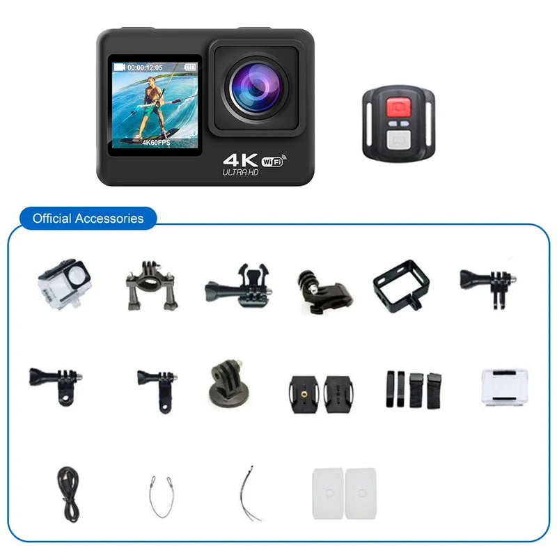 Regaton Action Camera 4K 30FPS 24MP WiFi 170° Wide Angle Len Dual Screen Display Video Camera 30M Underwater Waterproof Camera