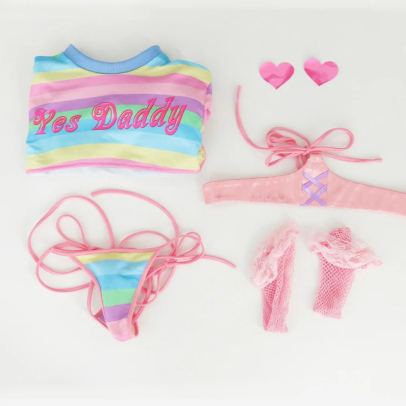 Women Rainbow Stripe Long Sleeve Short Tops and Panty with Stockings Sleepwear Cosplay Costumes
