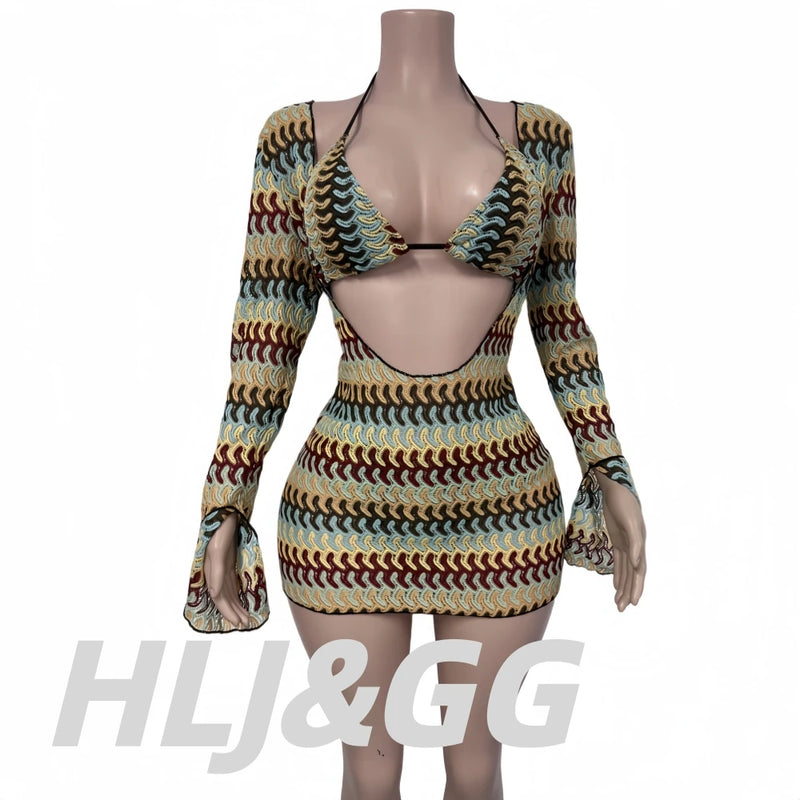 HLJ Y2K Fashion Coffee Striped Bikini Set Women Beaded | SAMAG