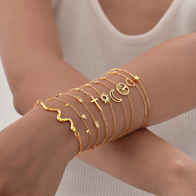 Women Minimalism Thin Chain Cross Crescent Moon Star Bracelet, Stainless Steel Female Adjustable Link Stacked Layered | SAMAG