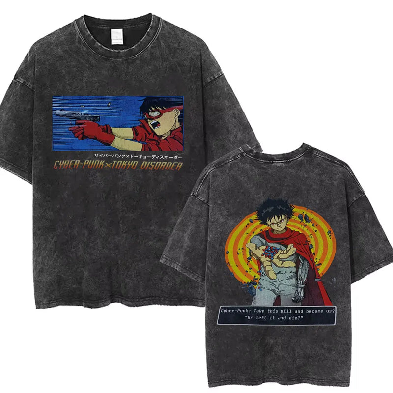 Washed Retro Japanese Anime Akira Print 100%Cotton Men Woment T-shirt Summer Autumn Daily Sports Party Casual Loose Short Sleeve