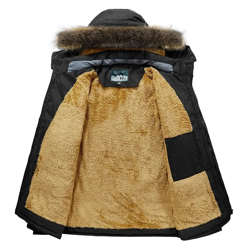 New Fashion Men Hooded Fur Collar Long Jackets Warm Parkas Fleece Down Jackets Male Winter Coats Outdoor Casual Jackets Size 7XL