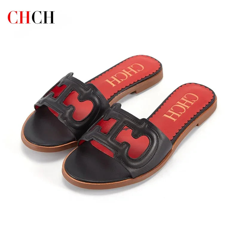 C-H Woman Slippers 2025 Simple Black Flat Flat Women's Shoes Home Indoor Slippers