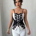 Women's Black White Lace Embroidery Cami Top V-Neck Spaghetti Strap Slim Fit Corset Style Camisole for Party, Daily & Club Wear