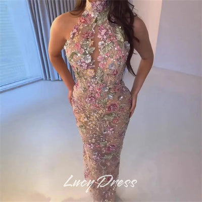 Lucy Tulle High Neck Champagne Mermaid Evening Dress Prom | SAMAG