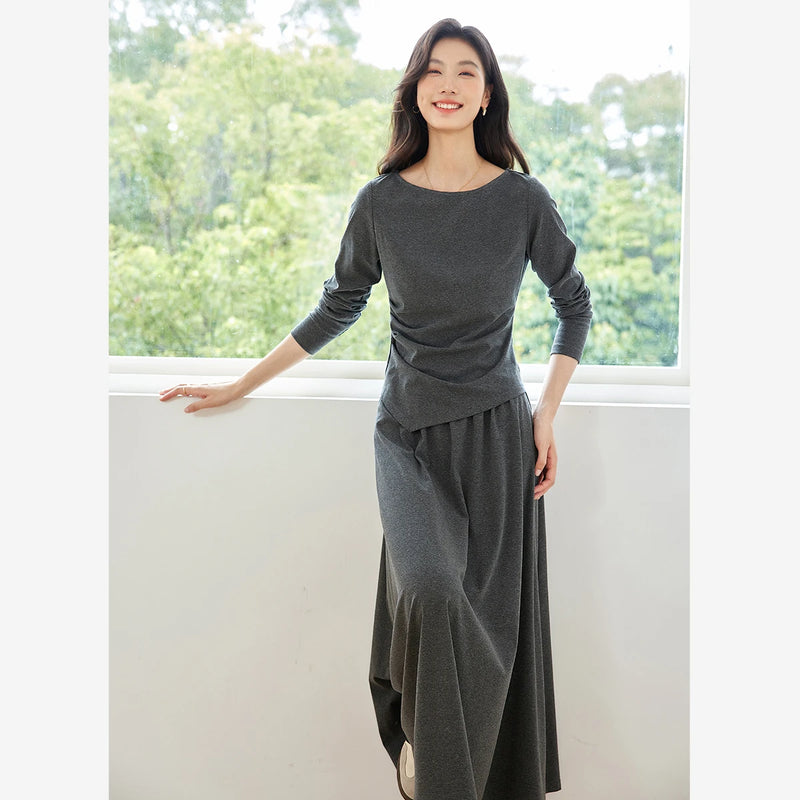 VIMLY Women's Two-Piece Set Elegant Hem Irregular Long Sleeve T-shirt Elastic Waist Long Skirt Fall Matching Outfit Female M8577