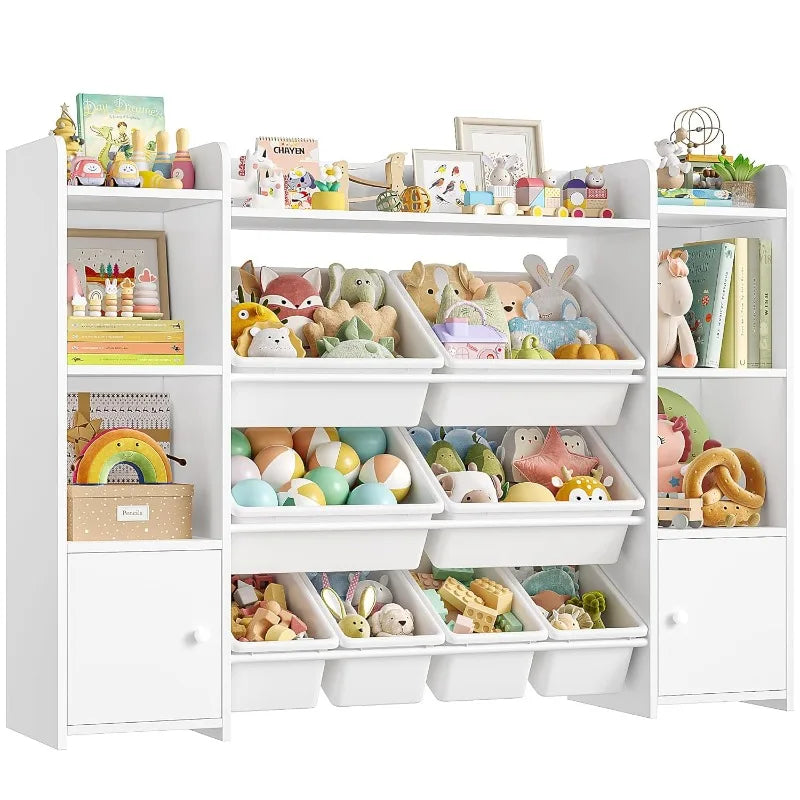 55''Large Toy Storage Organizer with 8 Toy Bins, Toy Organizers and Storage with Shelf and 6 Storage Cubbies, Bookshelf