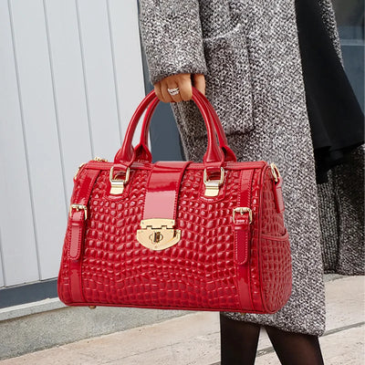 Aidrani Red Genuine Leather Crocodile Tail Boston Bag | SAMAG
