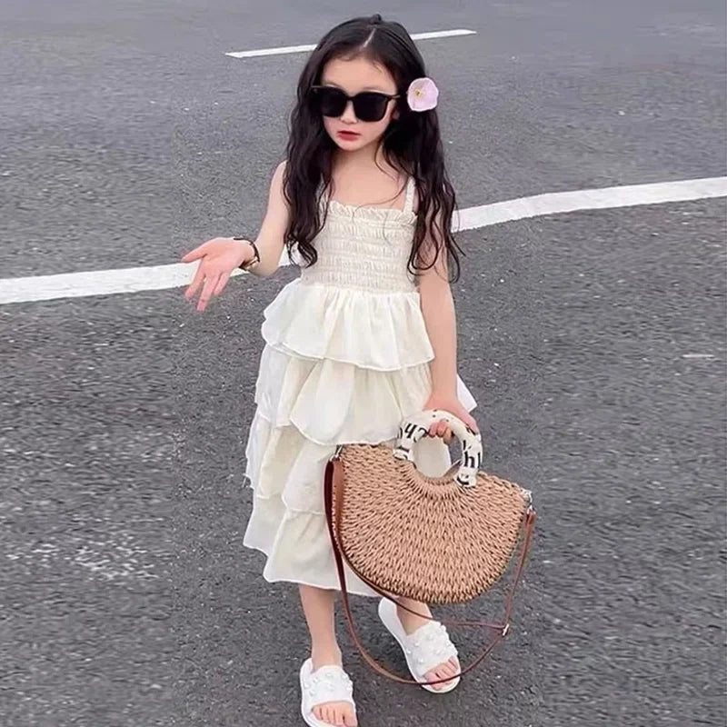 Girls Layers Slip Dress Summer Children Sling Long Gown Kids Fashion Birthday Party Vestidos New Teenager Casual Clothing