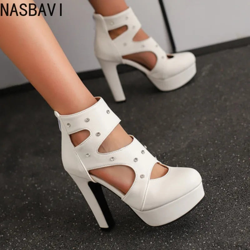 NASBAVI Summer Fashion Women Sandals Round Toe Chunky Heels 12cm Platform 3.5cm Zipper Crystal Plus Size 48 49 50 Party Shoes