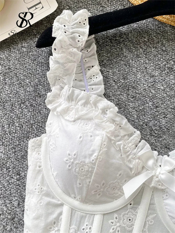 SINGREINY Floral Embroidery Lingerie Women Strap Irregular Corset Short Tank Top Sensual French Hotsweet Slim Sexy Beach Camis