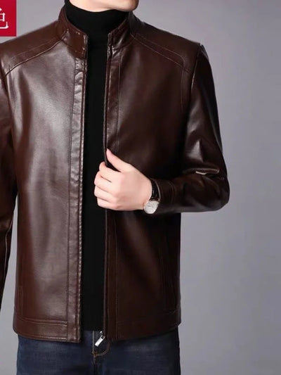 Faux Leather Men Jackets Coats Stand Collar Zipper Solid | SAMAG