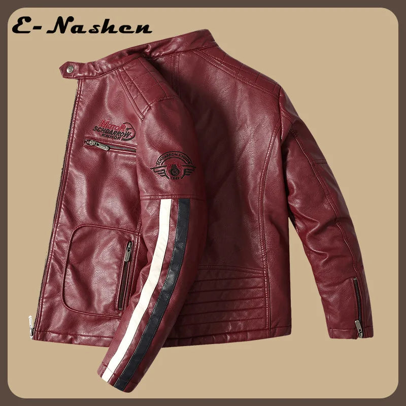 Men's Red Long-sleeve PU Jackets and Blue Faux Leather Motorcycle Coats for Fall and Winter. European Sizes S–XXXL.