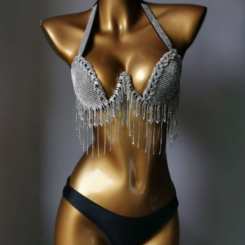 2024 Bikini Set Women Diamante Carnival Bra rhinestone Tassel Night Club Panties Rave Festival Bikini Set Burning Man Outfit