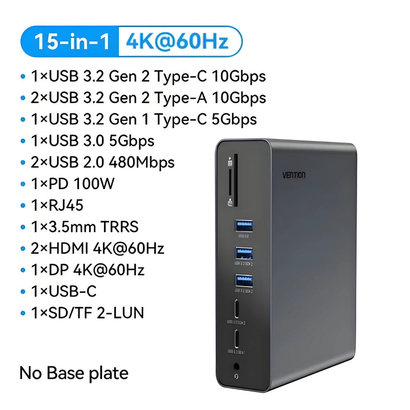Vention 15-in-1 USB C Docking Station 4K@60Hz HDMI DP Triple Monitor  Hub USB 3.2 PD 100W Adapter for Windows MacBook HP Laptop