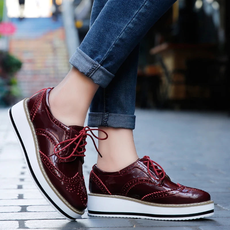 STRONGSHEN British Style Women Brogue Shoes Round Toe Oxfords Platform Casual Leather Footwear Increase 4.5cm Sapatos Chaussures